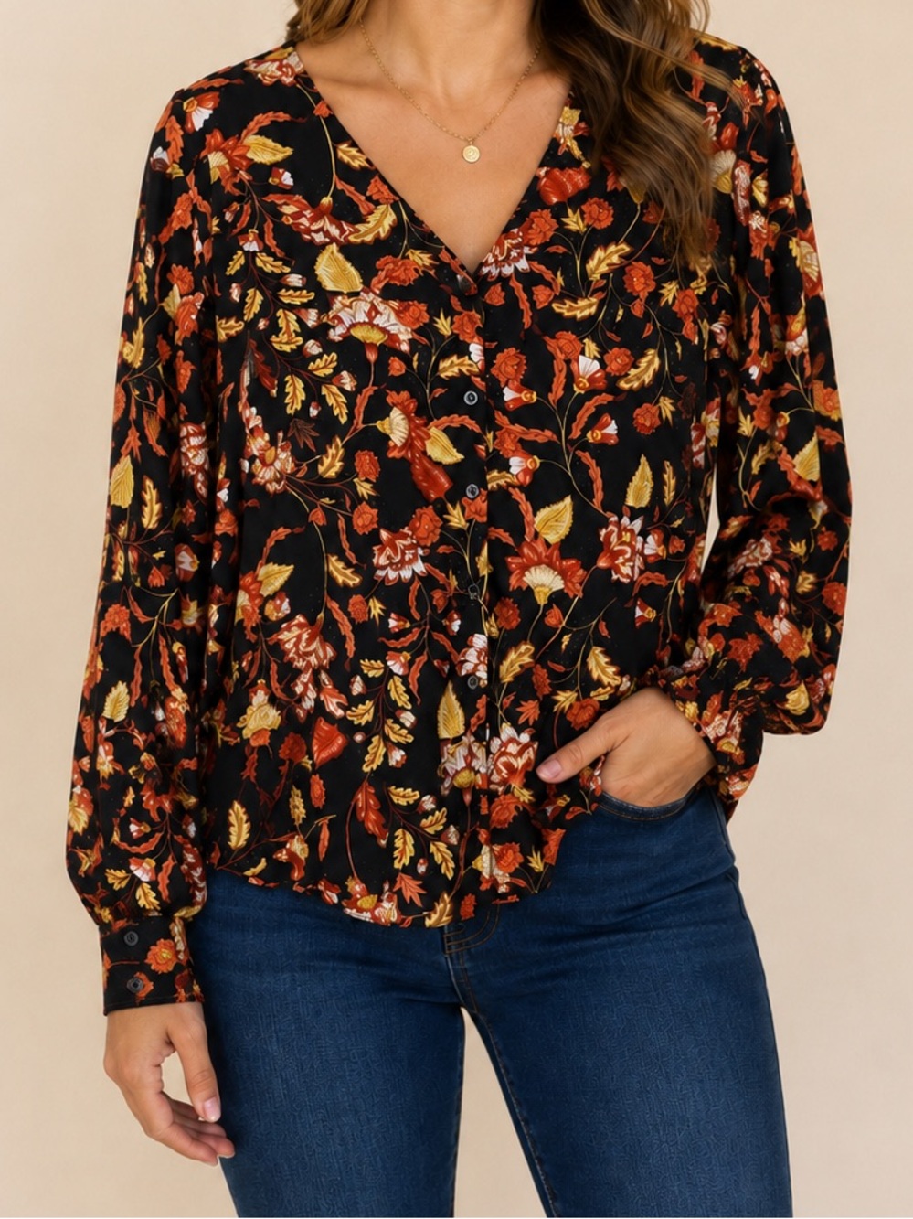 Mittoshop | Floral V-Neck Button Front Blouse | Black Autumn Floral | Size L